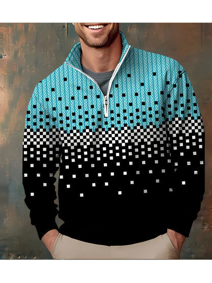 Herren Halb-Reißverschluss Pullover Strickmuster Quadratmuster Ombre Schwarz
