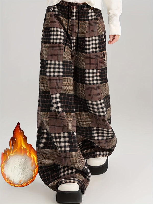 Damen Weite Hose Karomuster Patchwork Braun Schwarz Warm Gefüttert