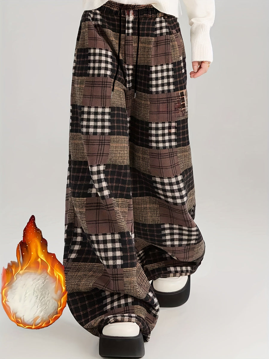 Damen Weite Hose Karomuster Patchwork Braun Schwarz Warm Gefüttert