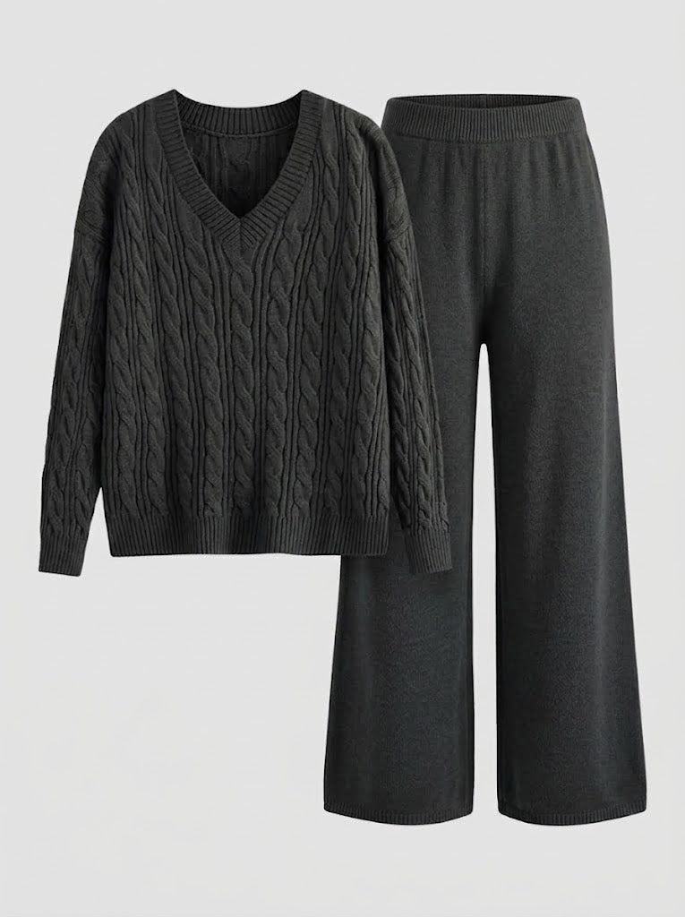 Damen Strick Loungewear Set mit Zopfmuster Pullover & weiter Hose