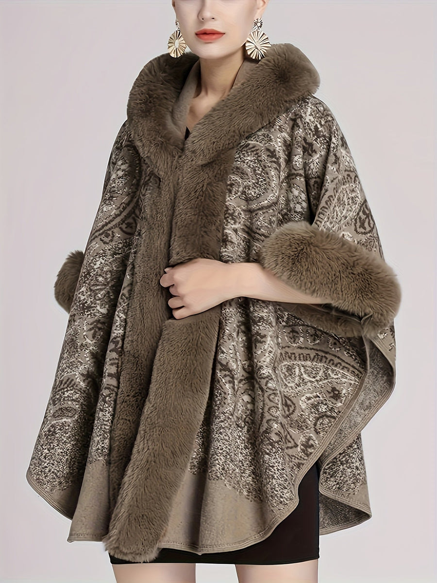 Damen Cape mit Kapuze, Pelzbesatz und Muster – Gemütlicher Umhang