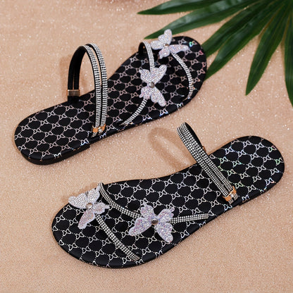 Damen Sandalen mit Schmetterlings-Design und Strass, flach, elegant für Alltag und Events