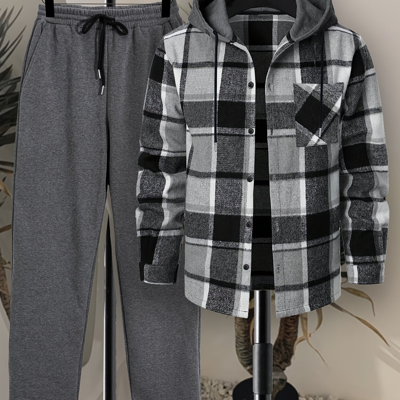 Herren Kariertes Flanell Hemd mit Kapuze & Einfarbige Jogginghose Set Grau