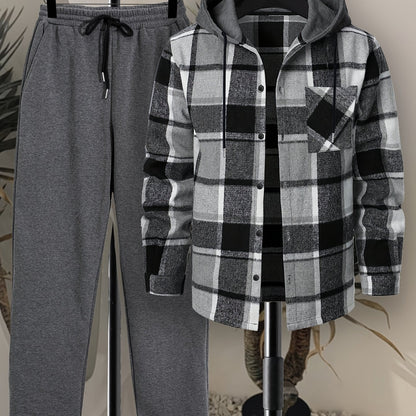 Herren Kariertes Flanell Hemd mit Kapuze & Einfarbige Jogginghose Set Grau