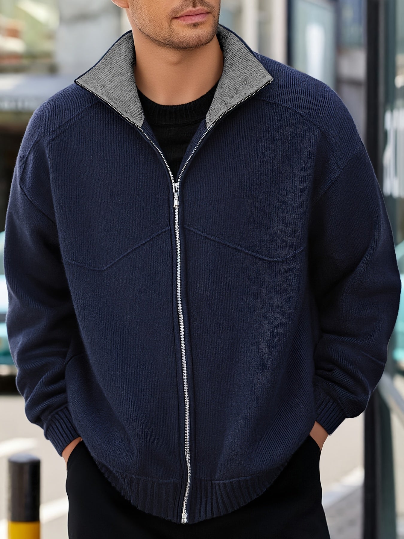 Herren Strickjacke Reißverschluss Stehkragen Dunkelgrau