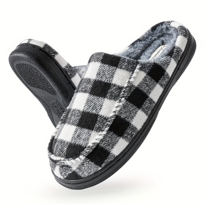 Unisex Hausschuhe Slipper Kariert Schwarz Weiß mit Plüschfutter