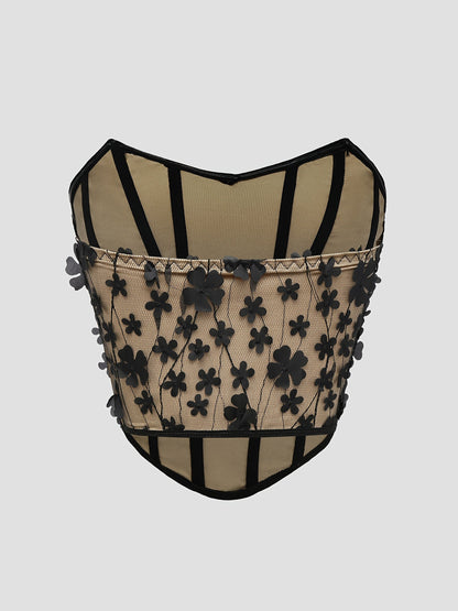 Damen Korsagen-Top mit 3D-Blumenstickerei und Herzausschnitt – Eleganter Party- und Abend-Look