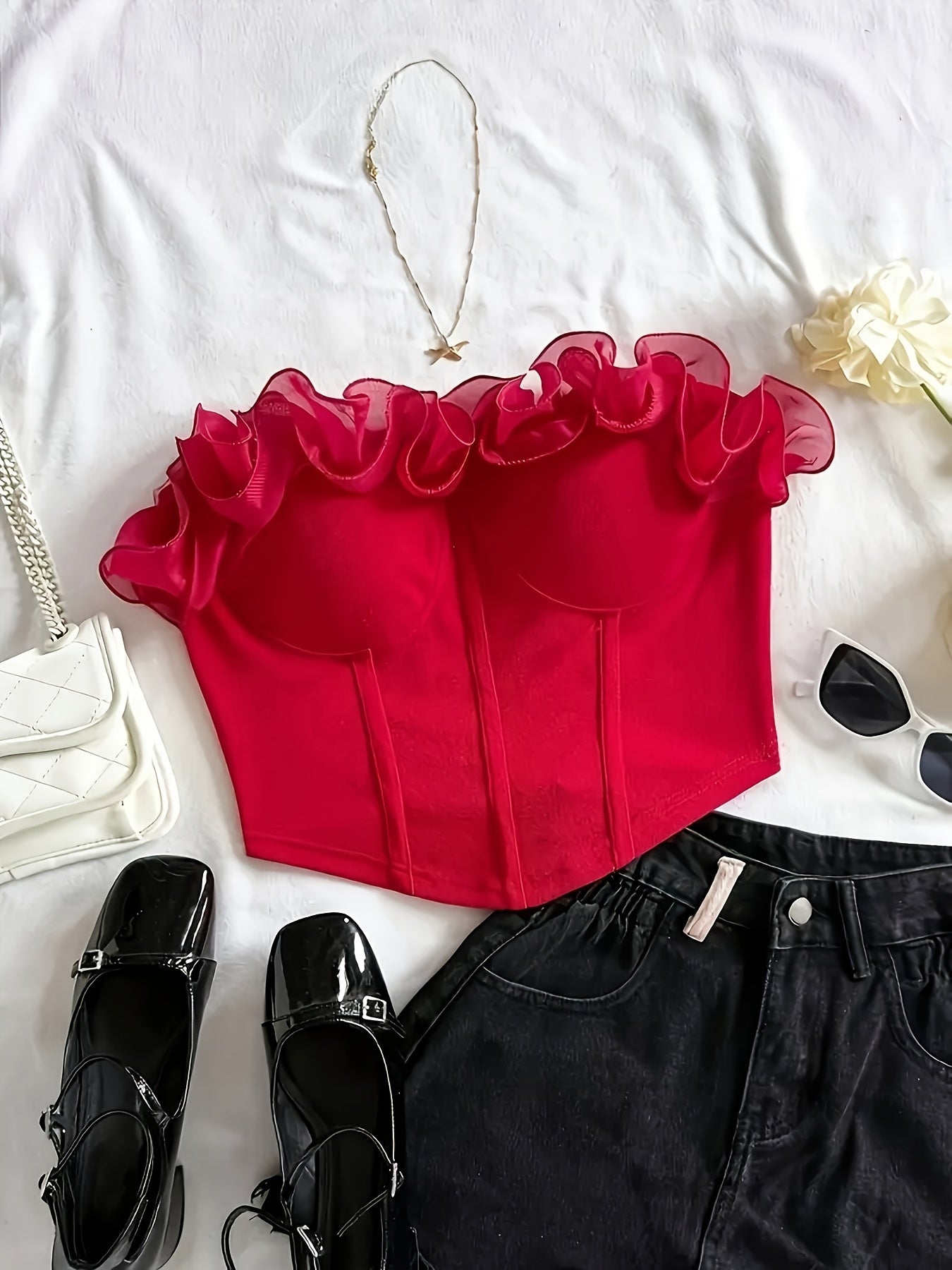 Damen Bustier Top mit Volantkragen – Elegantes, Schulterfreies Corsagen-Oberteil für Party & Ausgehen