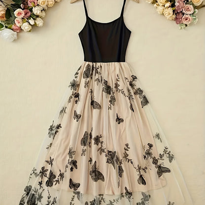 Damen Midikleid mit Spaghettiträgern und Schmetterling-Stickerei – Elegantes Partykleid