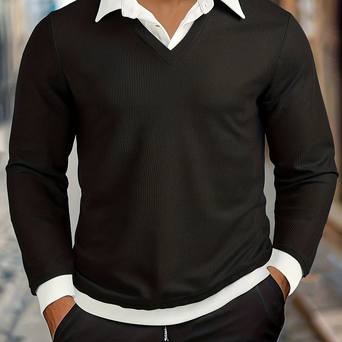 Herren V-Ausschnitt Langarmshirt Schwarz mit Kragenoptik
