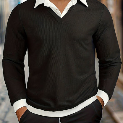 Herren V-Ausschnitt Langarmshirt Schwarz mit Kragenoptik