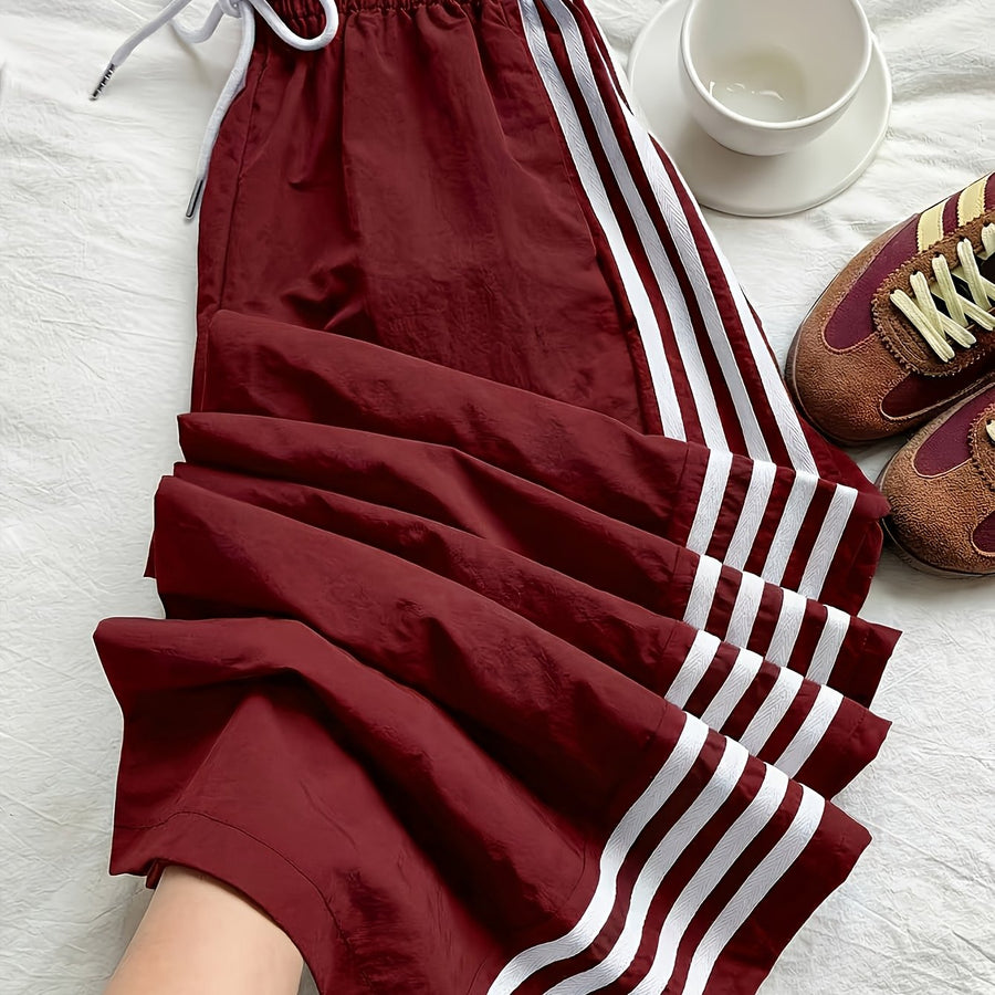 Damen Weitbeinige Sporthose mit Streifen und Kordelzug – Lässige Freizeithose für Alltag & Fitness