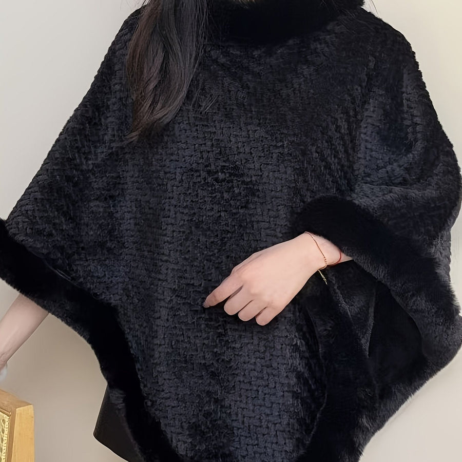 Damen Poncho Kuschelig Weich mit Kunstpelzbesatz Rollkragen