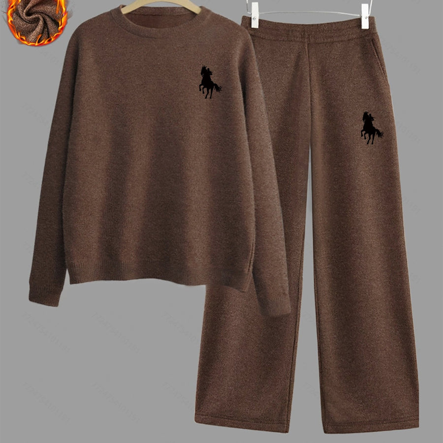 Damen Loungewear Set Braun mit Pferde-Stickerei, Pullover & Weite Hose