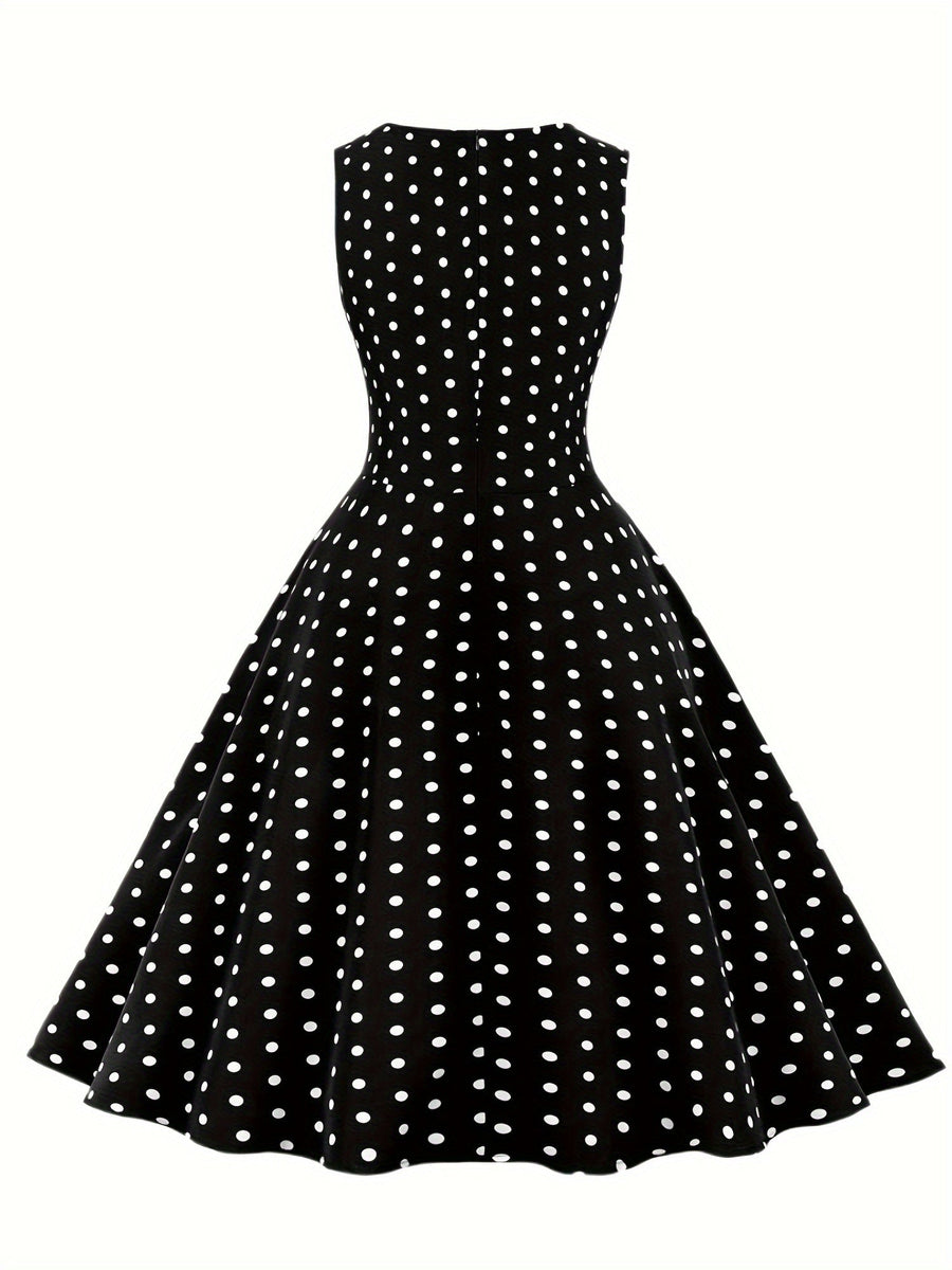 Damen Vintage Rockabilly Polka Dots Kleid mit Schleifen-Gürtel, Elegant, Ärmelos, Festlich & Alltag