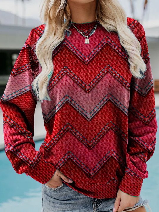 Damen Pullover mit V-förmigem Zickzack-Muster und runden Halsausschnitt