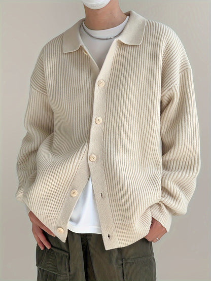 Gerippte Strickjacke für Herren mit Knopfleiste, Polo-Kragen, Langarm