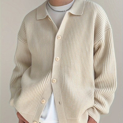 Gerippte Strickjacke für Herren mit Knopfleiste, Polo-Kragen, Langarm
