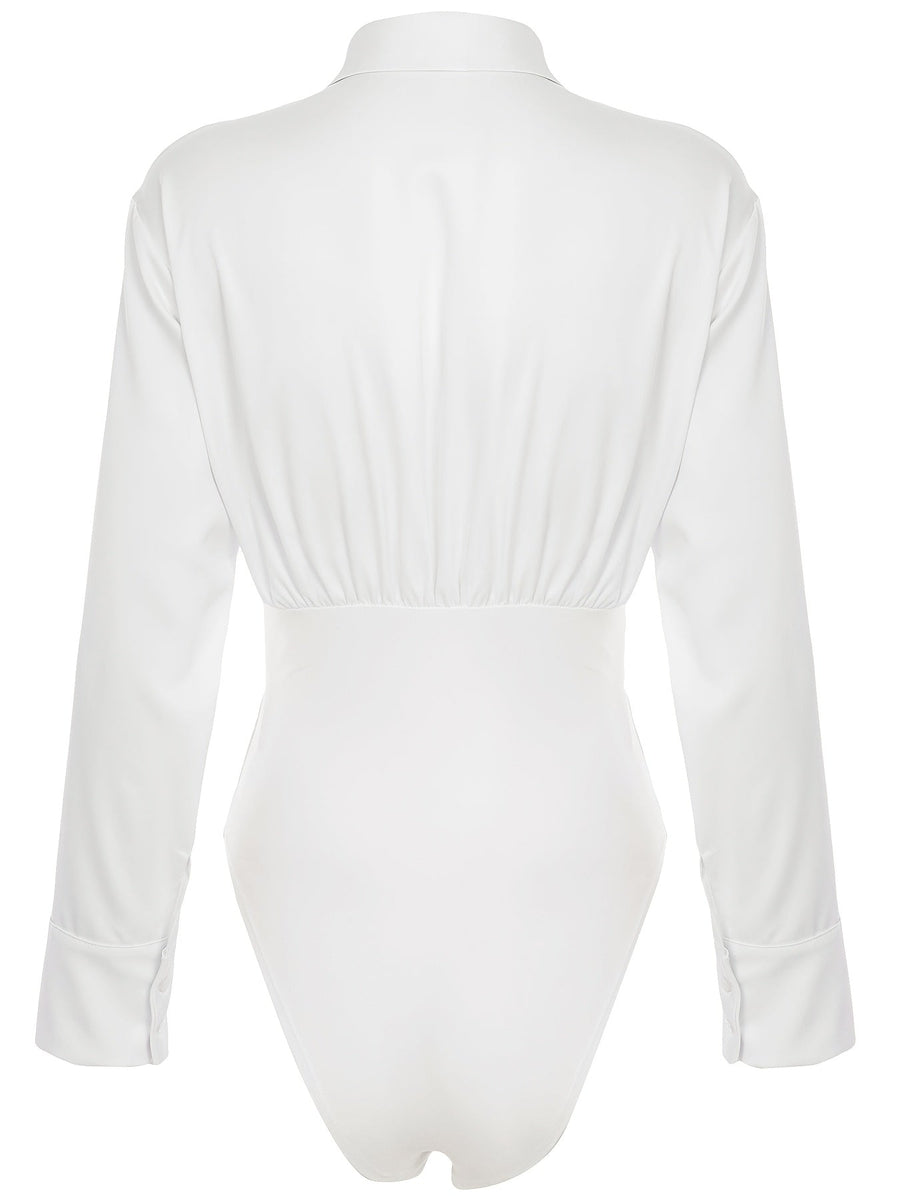 Damen Langarm Bodysuit mit Hemdkragen und Raffungen an der Taille
