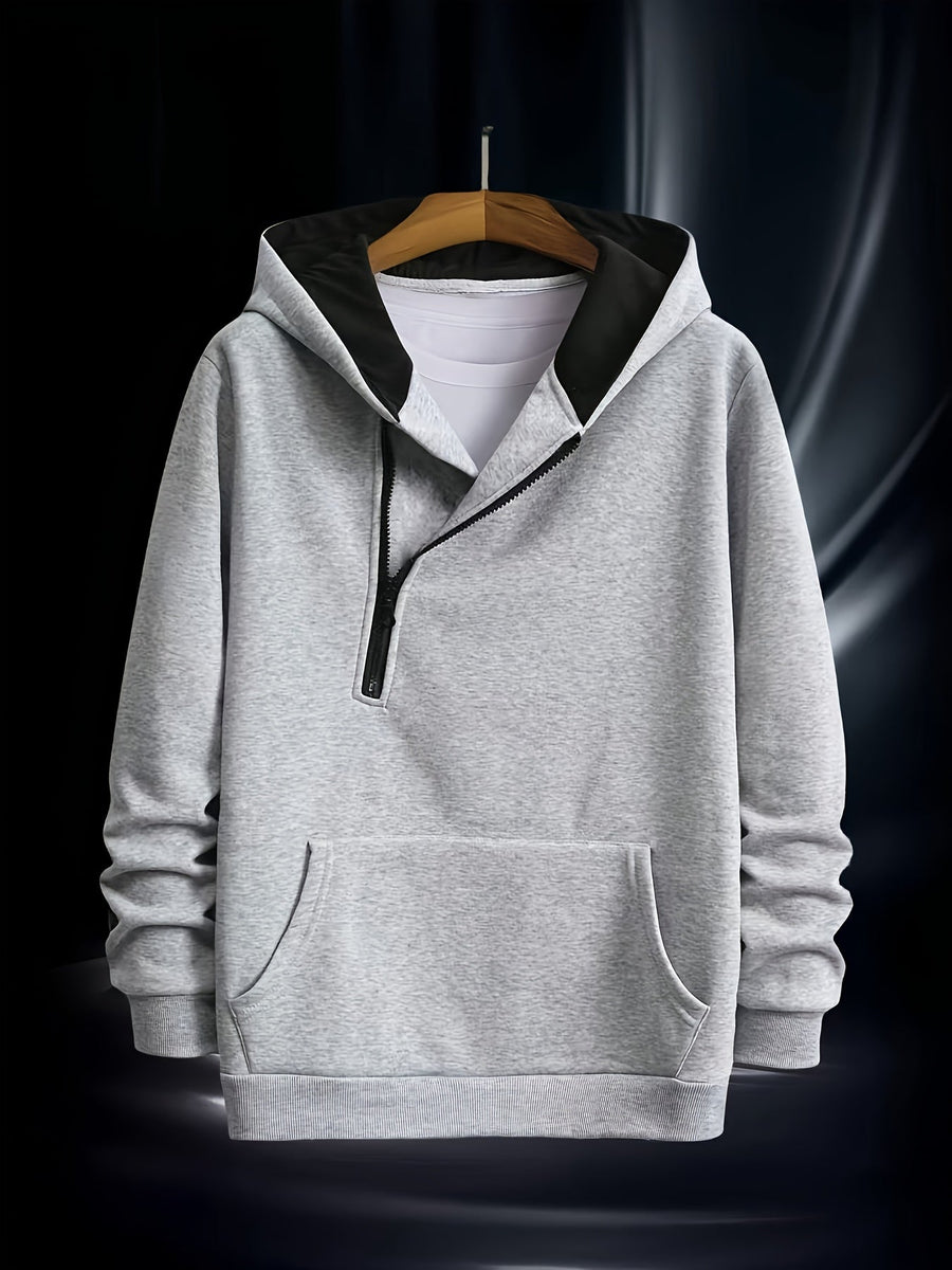 Herren Hoodie mit diagonalem Reißverschluss und Kängurutasche Weiß