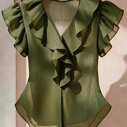 Damen Rüschenbluse mit V-Ausschnitt und Volantärmeln – Eleganter Stil für Büro und besondere Anlässe