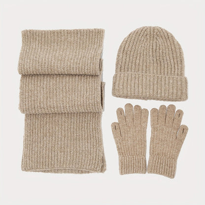 Unisex Strickmütze Schal Handschuh Set Gerippt Beige Winter Accessoire