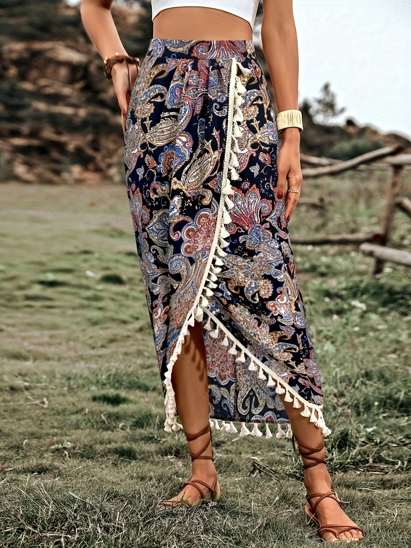 Damen Midirock Boho Wickelstil mit Paisley-Muster und Quasten für Freizeit und Festivals