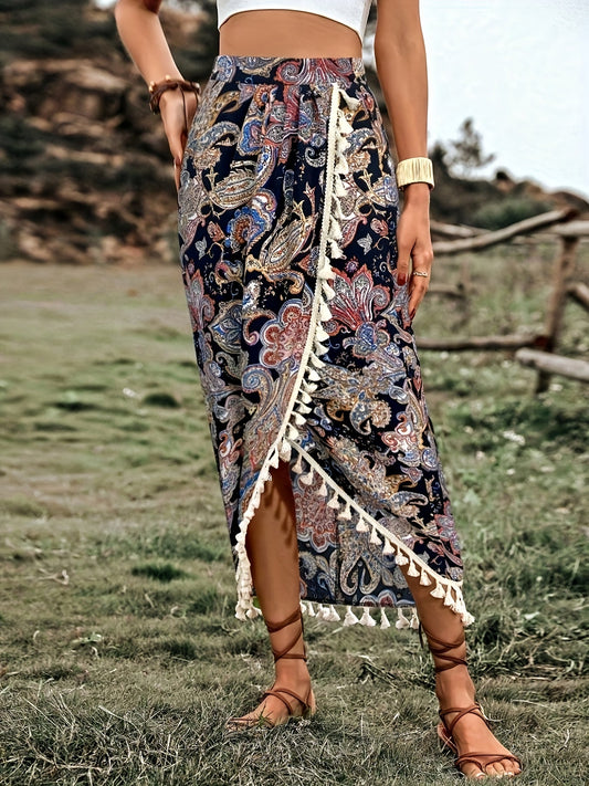 Damen Midirock Boho Wickelstil mit Paisley-Muster und Quasten für Freizeit und Festivals