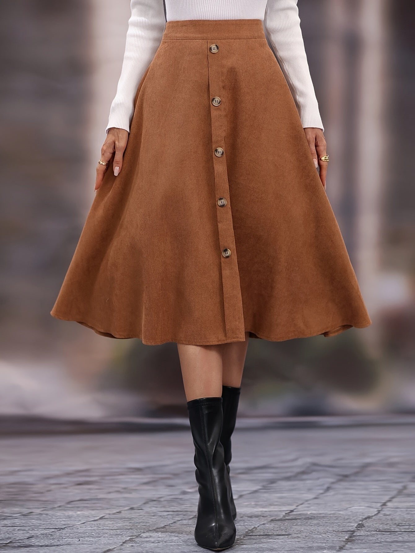 Damen A-Linien Rock Midi mit Knopfleiste Hoher Taille Braun