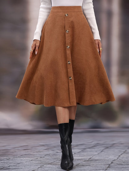 Damen A-Linien Rock Midi mit Knopfleiste Hoher Taille Braun