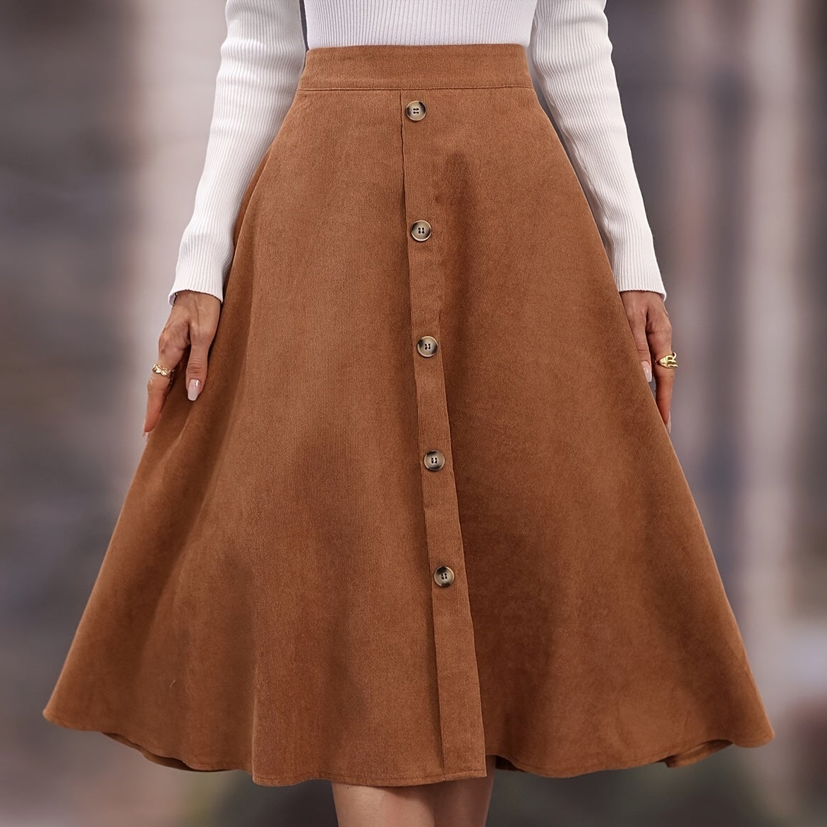 Damen A-Linien Rock Midi mit Knopfleiste Hoher Taille Braun