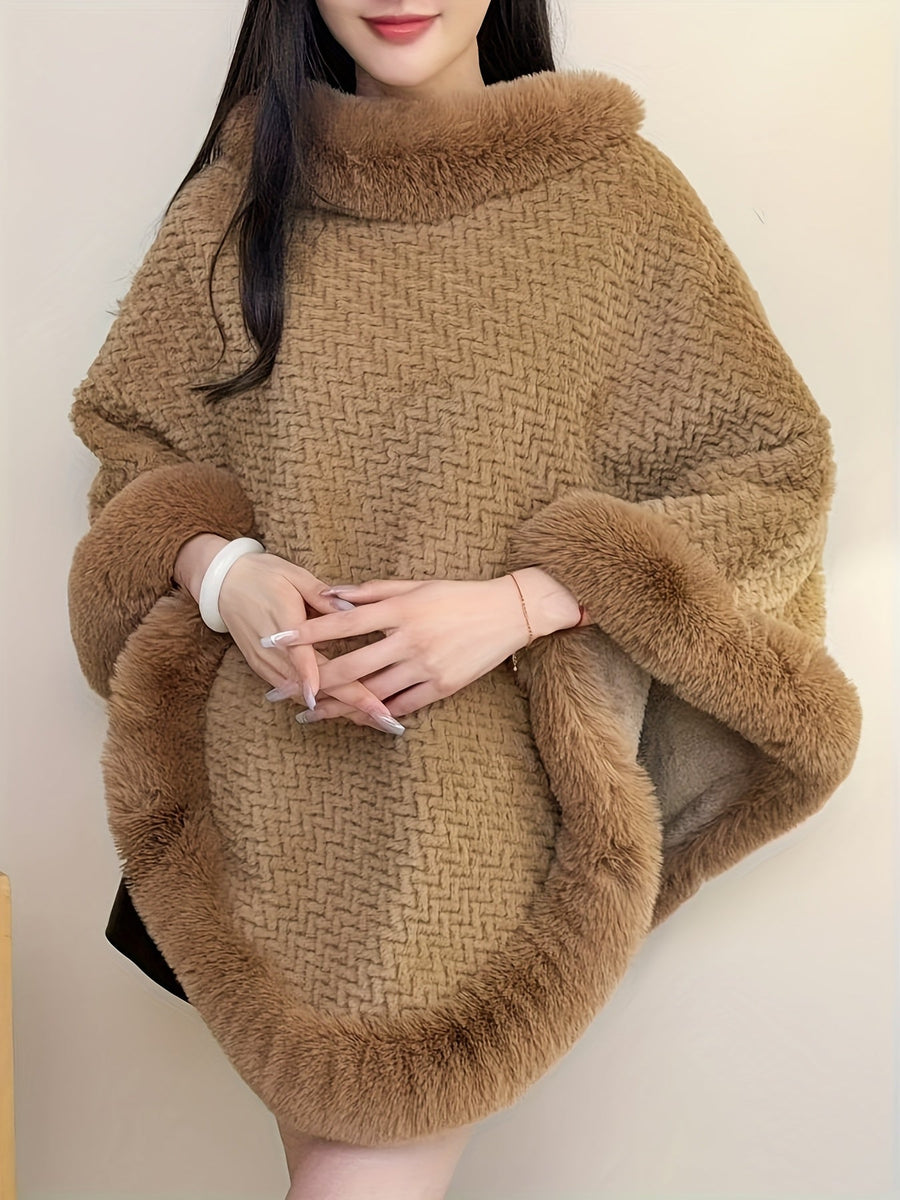 Damen Poncho Kuschelig Weich mit Kunstpelzbesatz Rollkragen