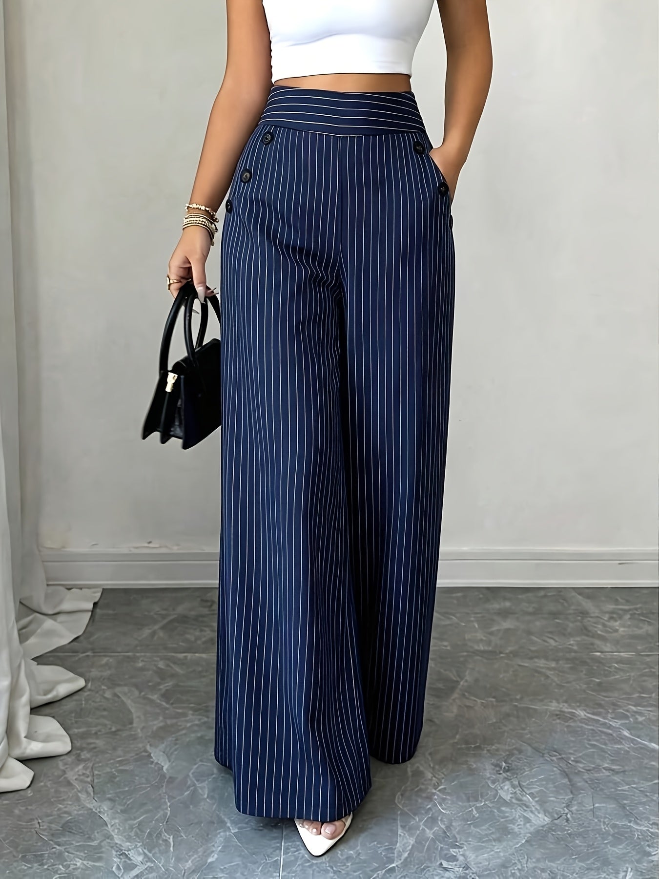 Damen Maritim-Style High-Waist Weitbein-Hose mit Streifen und Knopfdetails