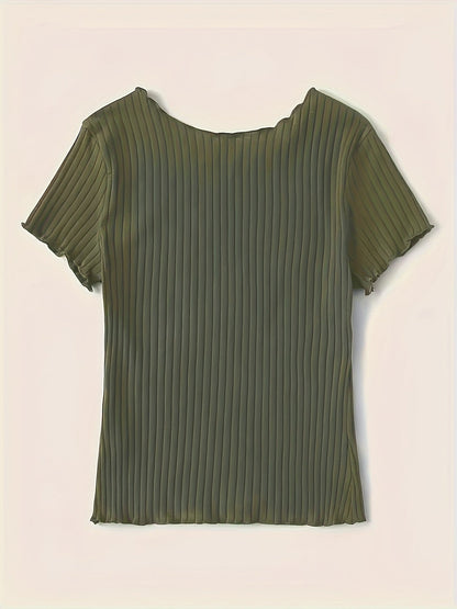 Damen Basic T-Shirt mit kurzen Ärmeln und Rippstruktur – Modisches Alltags-Oberteil mit Wellenkante