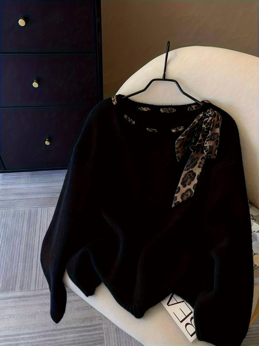 Damen Pullover mit Leopardenmuster Schal Ausschnitt Langarm Strickpullover