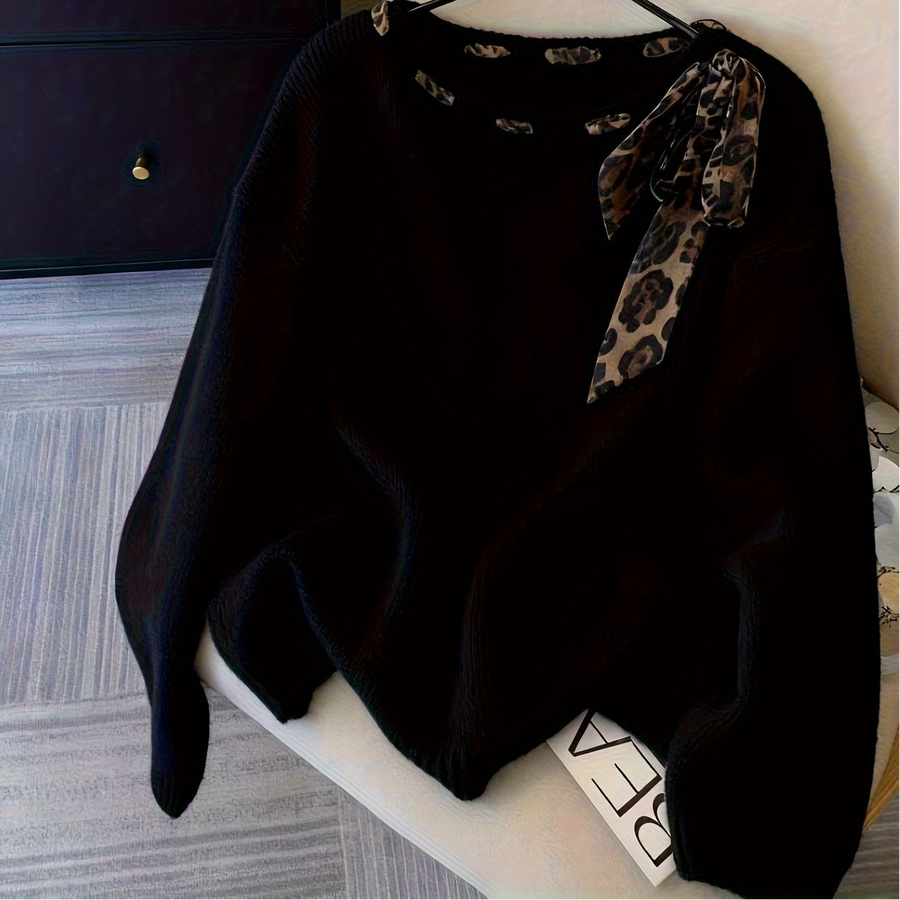 Damen Pullover mit Leopardenmuster Schal Ausschnitt Langarm Strickpullover