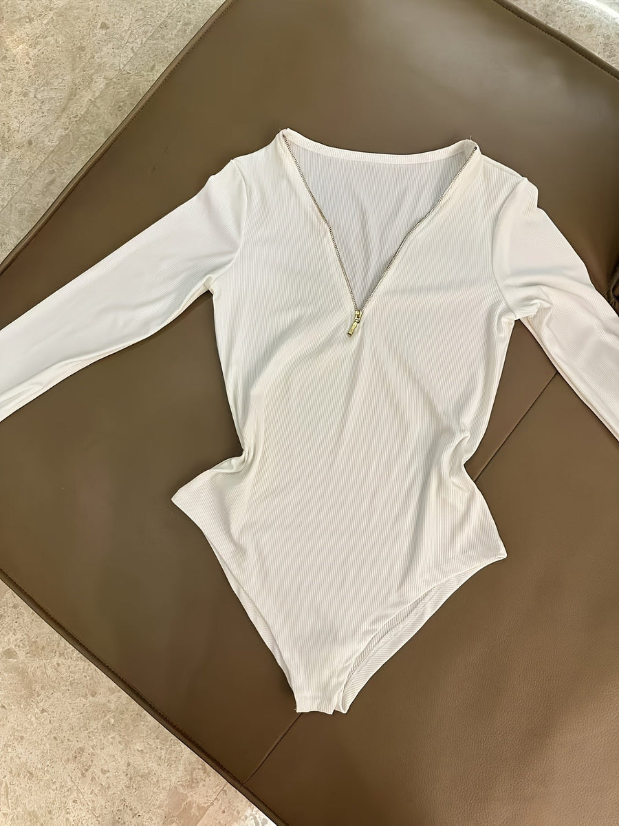 Damen Langarm Body Rippstrick mit Reißverschluss