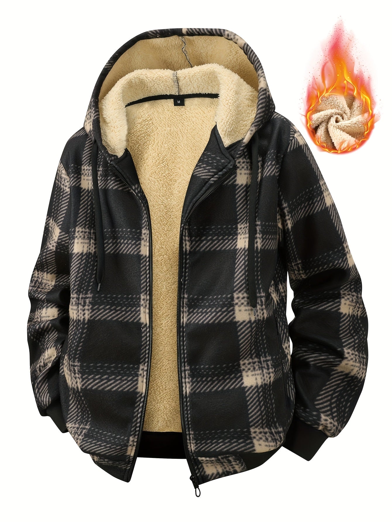 Karierte Kapuzenjacke mit warmem Fleecefutter für Herren, Schwarz-Beige