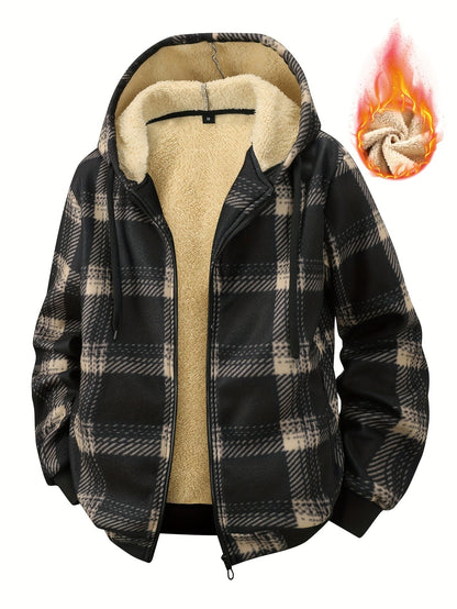 Karierte Kapuzenjacke mit warmem Fleecefutter für Herren, Schwarz-Beige