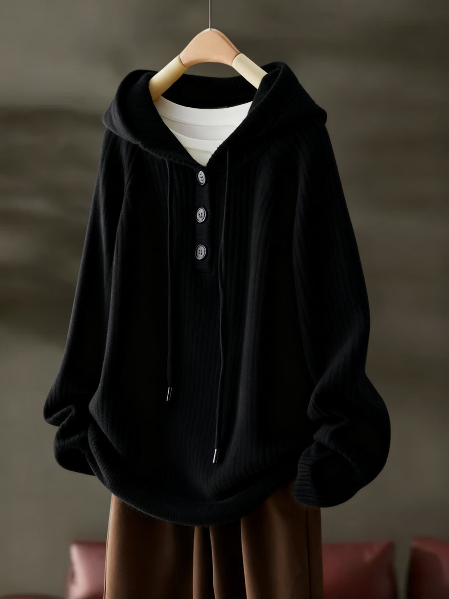 Gerippter Kapuzenpullover mit Knopfleiste