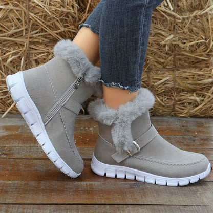 Damen Winterstiefeletten mit Kunstfellbesatz, flache Sohle, Schnallendetail