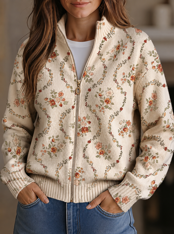 Beige damesvest met bloemenpatroon, ritssluiting en opstaande kraag