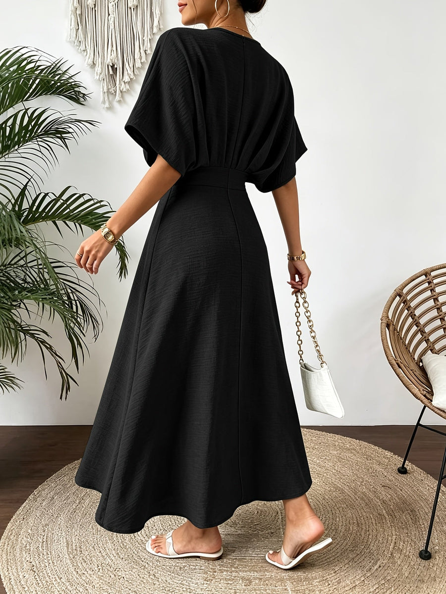 Damen Midi Kleid mit V-Ausschnitt & Fledermausärmeln, Tailliert, Grün