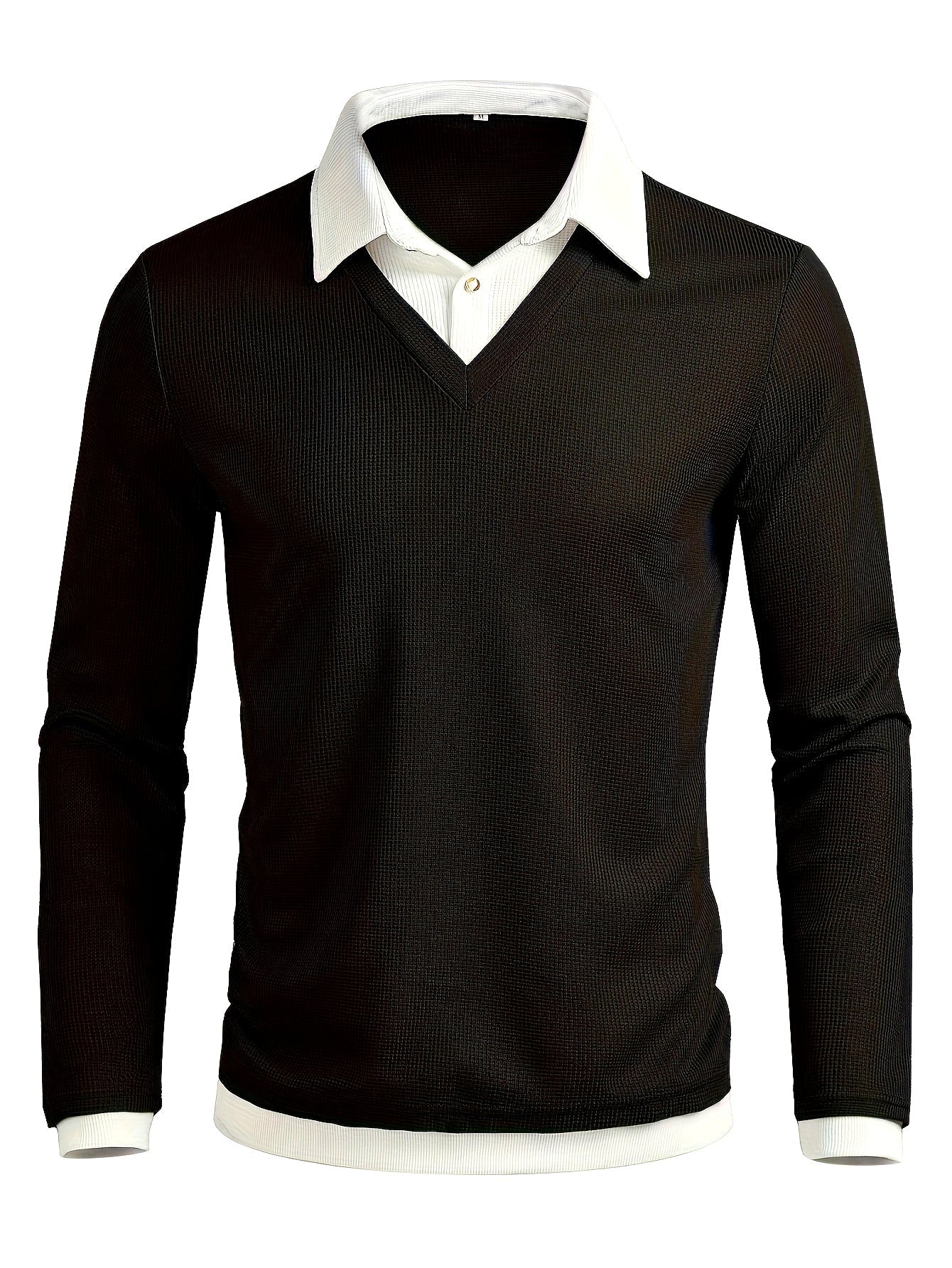 Herren V-Ausschnitt Langarmshirt Schwarz mit Kragenoptik