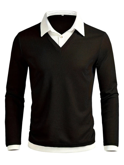 Herren V-Ausschnitt Langarmshirt Schwarz mit Kragenoptik