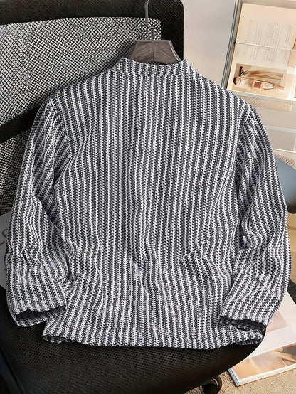 Herren Langarm Stehkragen Henley Shirt mit Streifenmuster – Lässiger und Eleganter Look