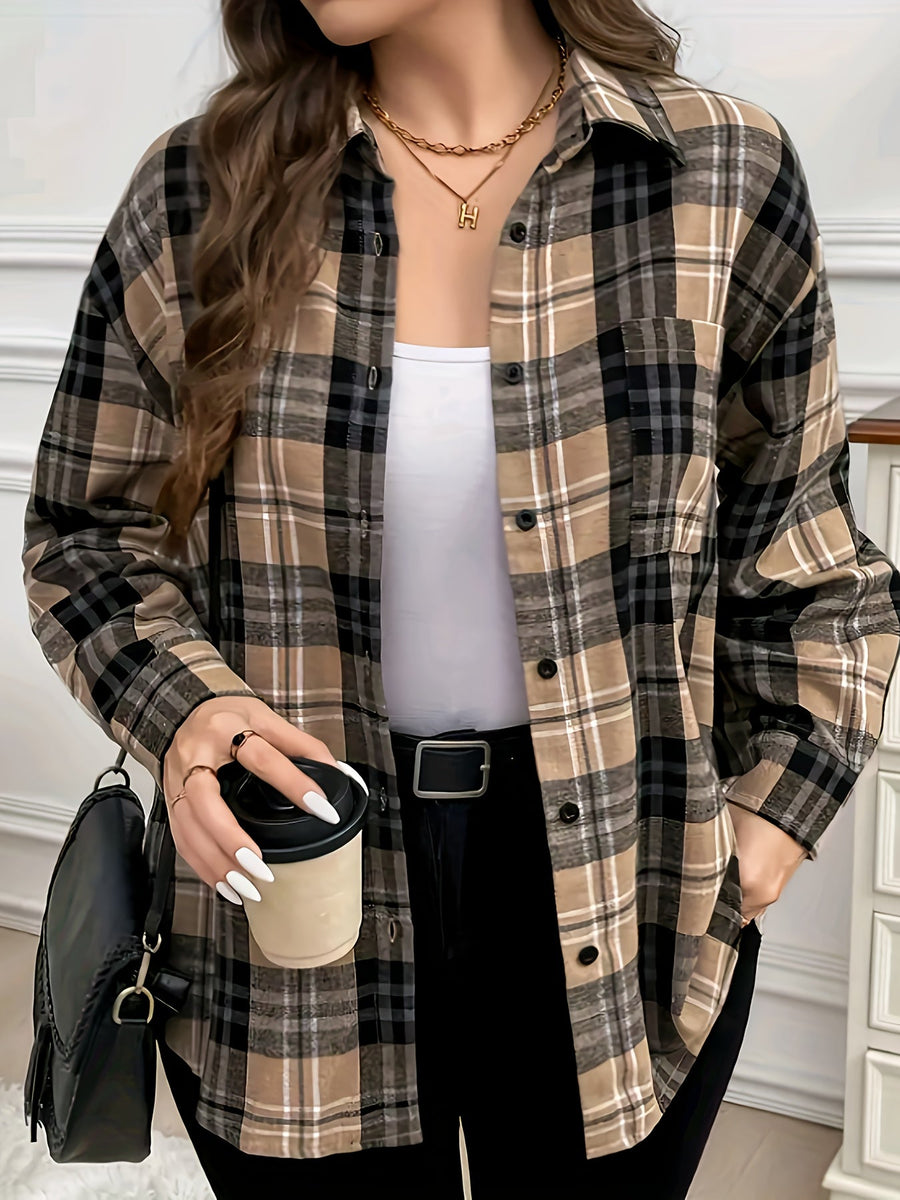 Damen Kariertes Hemd Langarm Button-Down Bluse mit Brusttasche