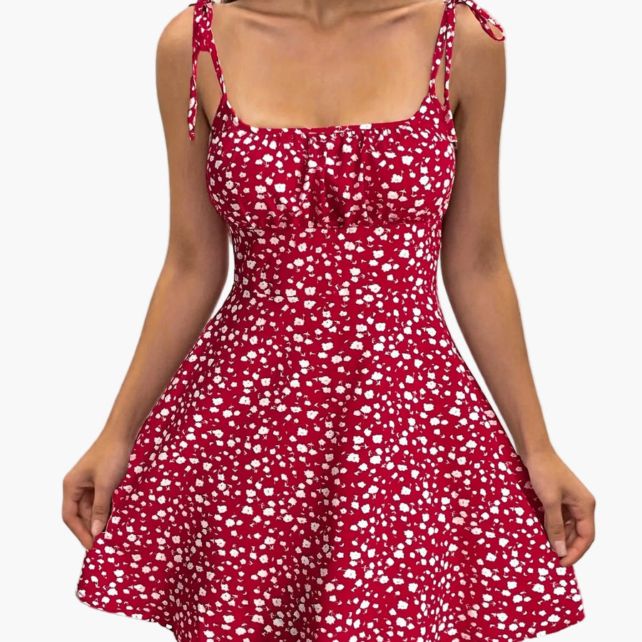 Damen Sommerkleid mit Blumendruck und Schleifen-Trägern – Verspieltes Freizeitkleid für Alltag und Urlaub