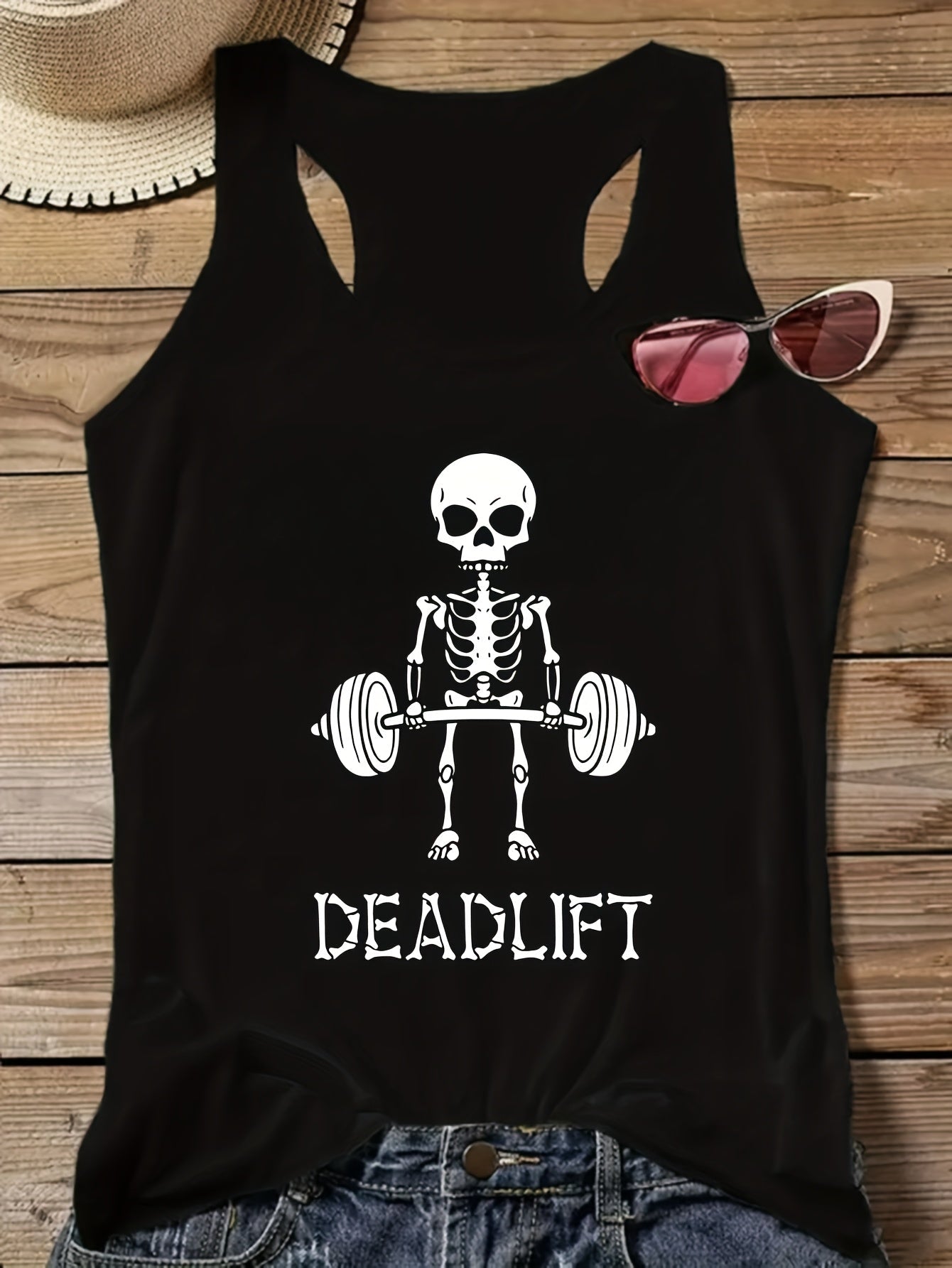 Damen Tanktop mit Skelett Deadlift Motiv – Fitness & Freizeit, Racerback Stil
