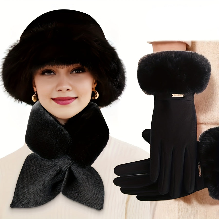 3-teiliges Hut Schal Handschuh Set Damen Winter mit Kunstpelz